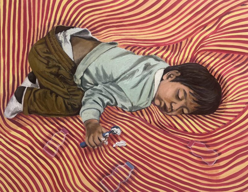 This painting captures a tender moment of a toddler resting in the comforting embrace of a mother. The patterns within the artwork are inspired by a traditional baby blanket, symbolizing the nurturing care and warmth that surrounds the child. The toddler holds a spoon with food on it, further emphasizing the theme of nourishment—both physical and emotional—that a mother provides. The piece reflects the deep bond of love and security that a mother offers, creating a safe and loving space for the child to rest and grow.